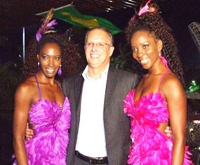 Brazilian Ambassador HE Paulo Cesar Meira de Vasconcellos poses with samba dancers at Zico’s Brazilian Grill and Bar.